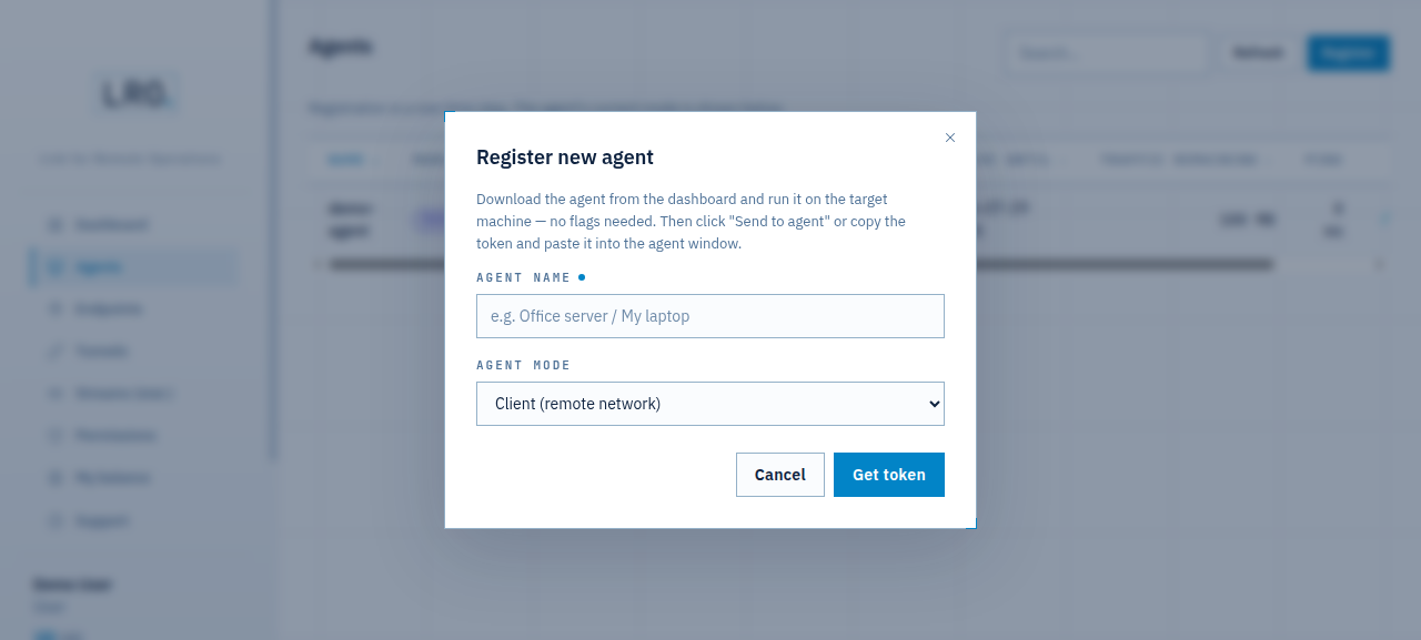 Register new agent dialog with the Agent mode dropdown