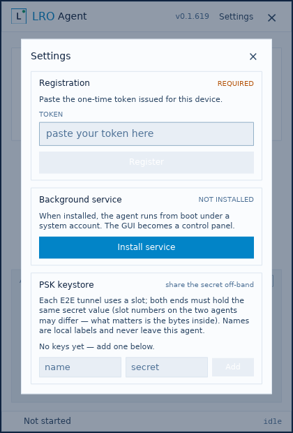 LRO desktop agent Settings dialog with a token field and Register button