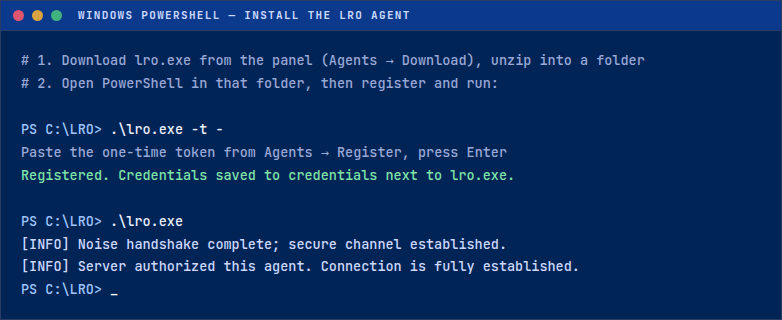 Windows PowerShell registering and running lro.exe