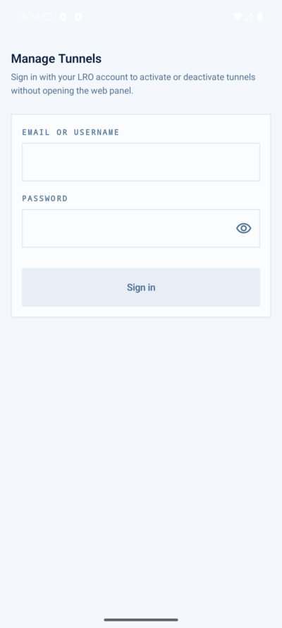 Manage Tunnels screen prompting to sign in with an LRO account to activate or deactivate tunnels