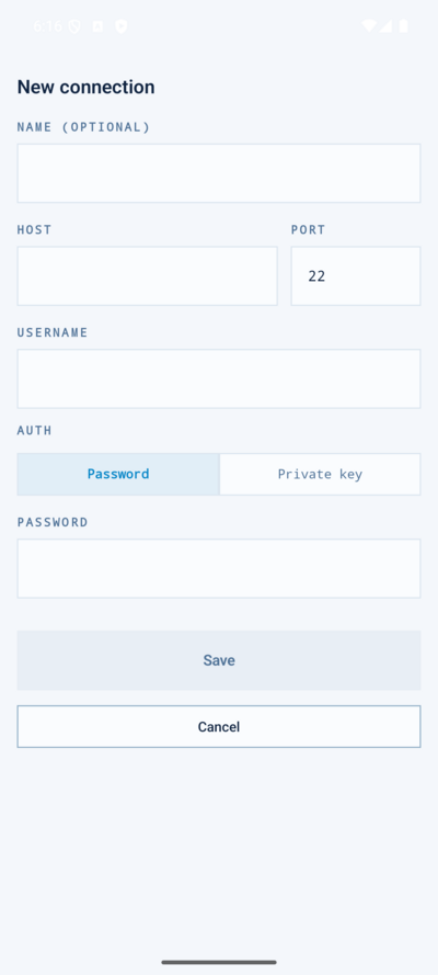 New SSH connection form with name, host, port, username and auth fields