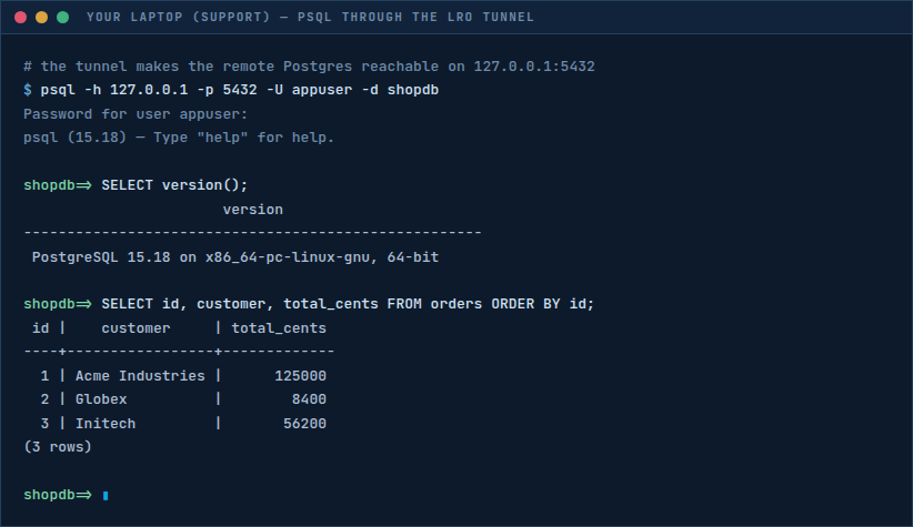 psql session through the LRO tunnel running SELECT version() and a query against the orders table