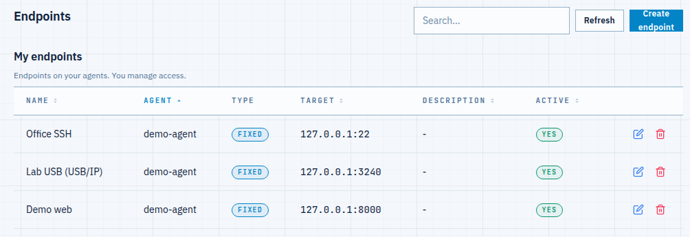 Endpoints list with a Lab USB (USB/IP) endpoint pointing at 127.0.0.1:3240