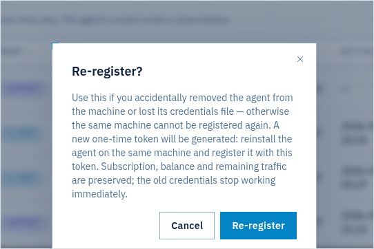 Re-register confirmation dialog explaining a new token is generated and old credentials stop working immediately