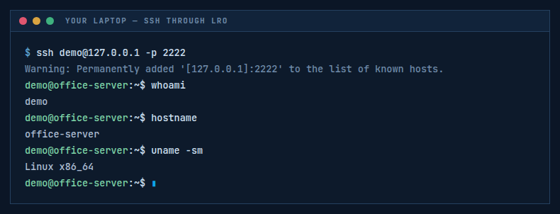 Terminal showing an SSH session established through the LRO tunnel
