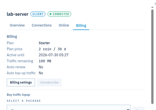 An agent's Billing tab showing plan Starter, price, active-until, traffic remaining, auto-renew and auto top-up, plus a buy-traffic package selector